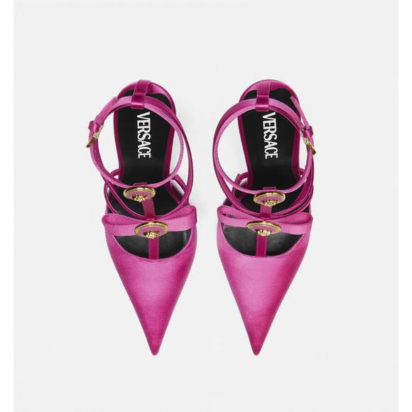 Versace NIB Gianni Ribbon Bow Cage 100 Pink Satin Heels Pumps 39 NEW IN BOX - Picture 2 of 8